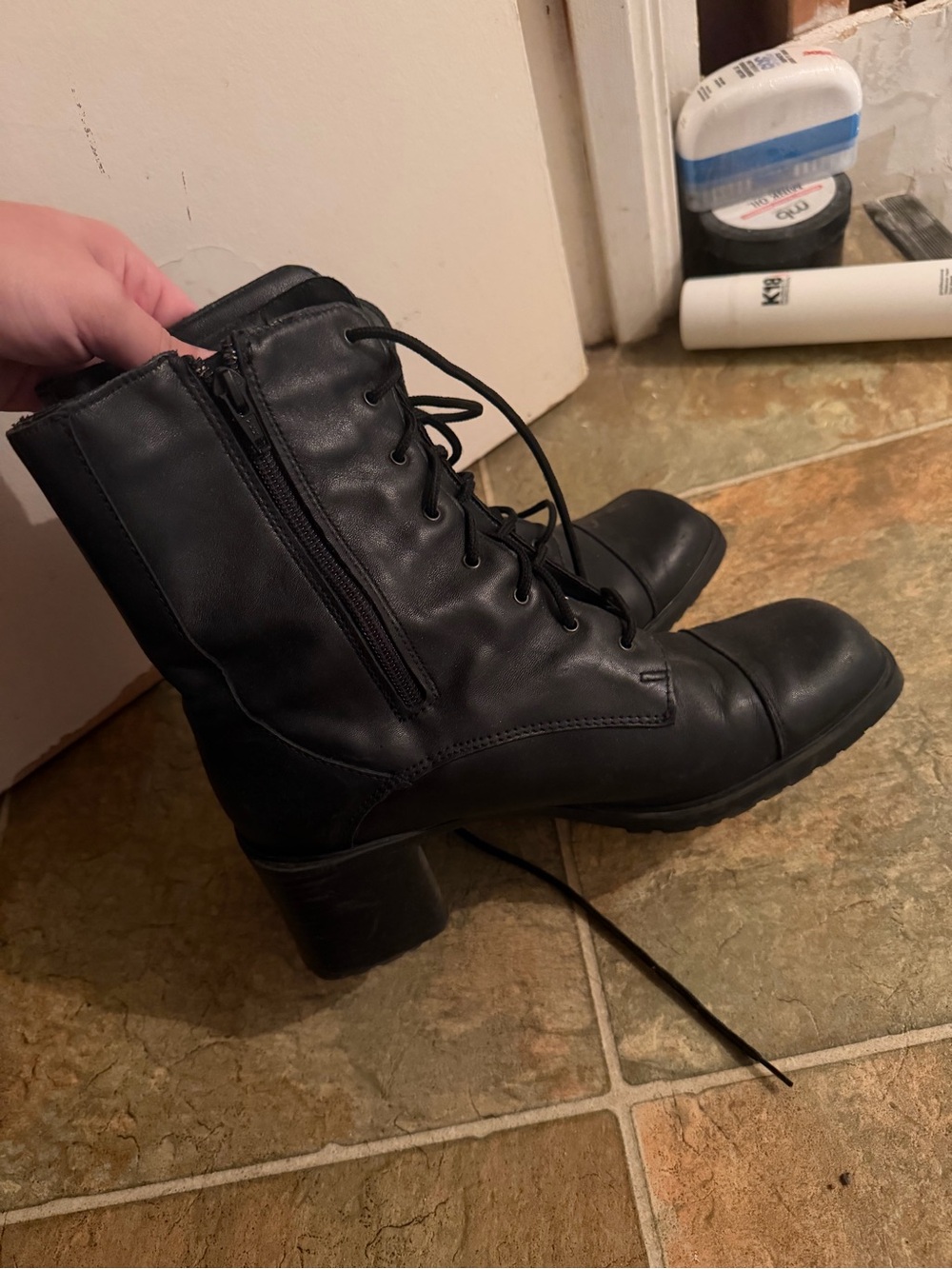 Vintage Black Lace-Up Block Heel Combat Boots